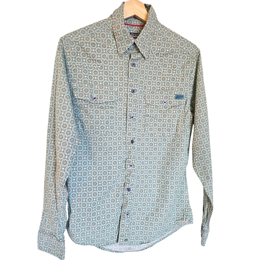 Justin Mens Geometric Print Long‎ Sleeve Button Up Western Shirt Size S